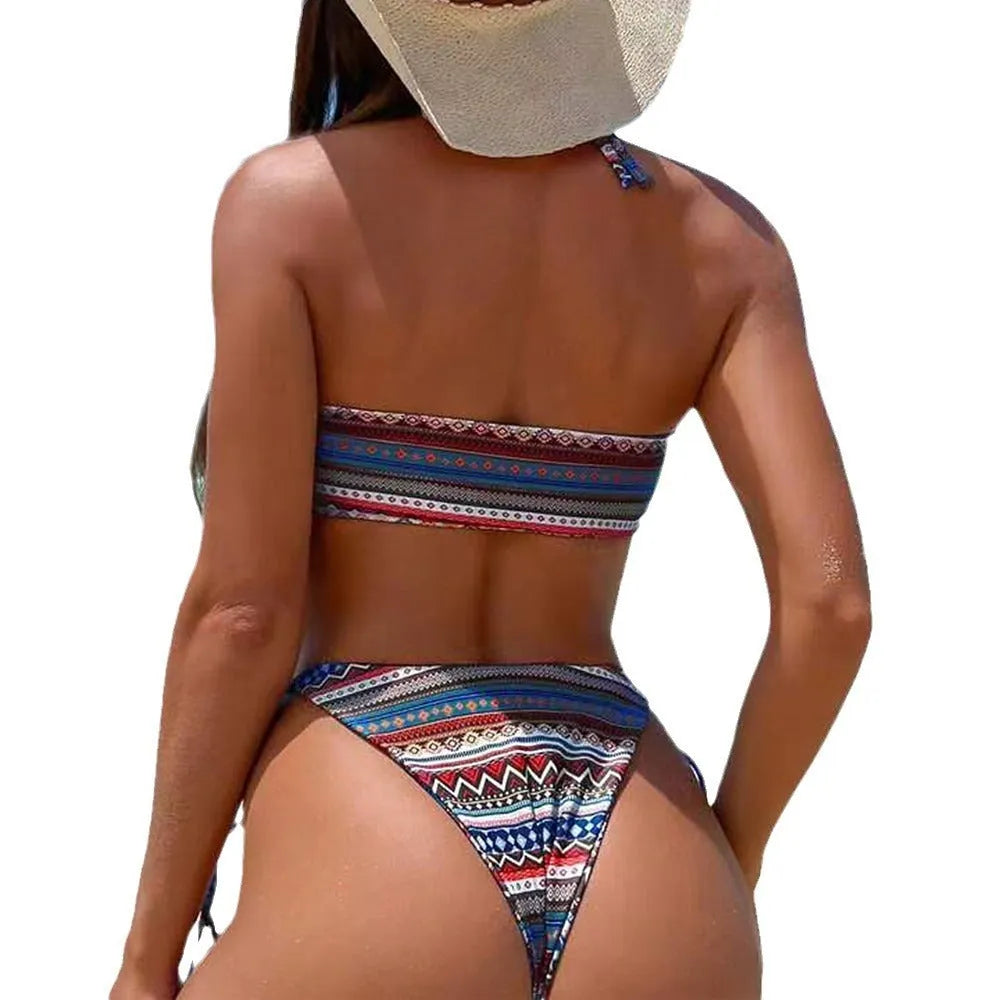 Women's halter-neck bikini swimsuit with split briefs in blue, yellow, green stripe orange grid, and green stripe red plaid colours