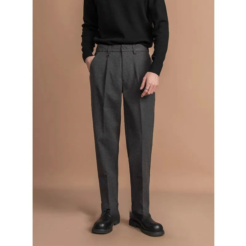 Men's straight-leg polyester trousers in a draped silhouette, shown in khaki colour.