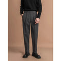 Men's straight-leg polyester trousers in a draped silhouette, shown in khaki colour.