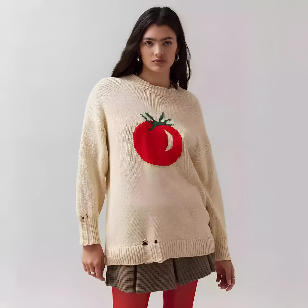 Women's loose-fitting acrylic sweater with jacquard detailing in milky white beige colour