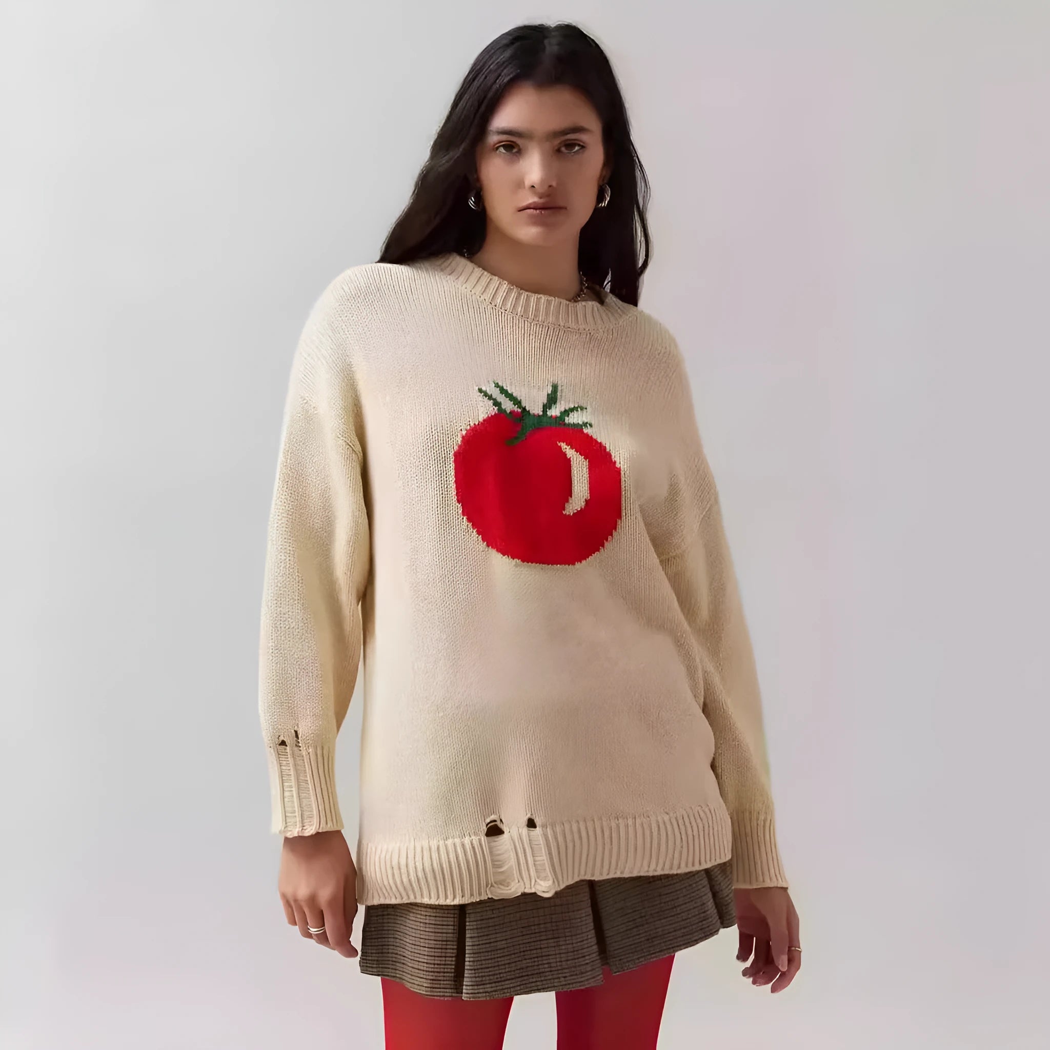 Women's loose-fitting acrylic sweater with jacquard detailing in milky white beige colour