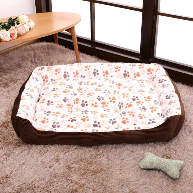 Beige soft plush sofa-style pet dog bed with raised sides for a small dog.