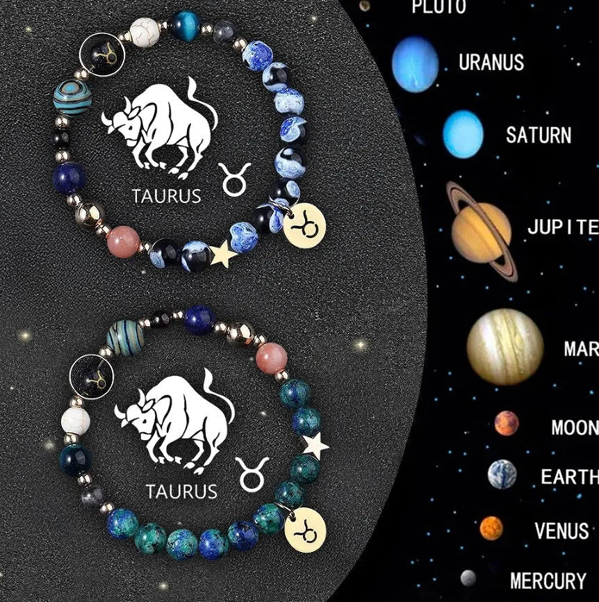 Two natural stone beaded bracelets showing Chinese zodiac animal signs including dragon and rabbit symbols
