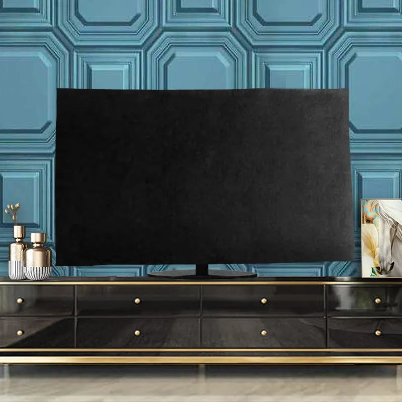 Velvet fabric TV cover draped over a television, shown in pink, black, gray, khaki, light blue and dark green colour options.