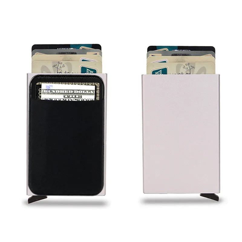 Frosted aluminium metal credit card holder in multiple solid colours showing slim profile