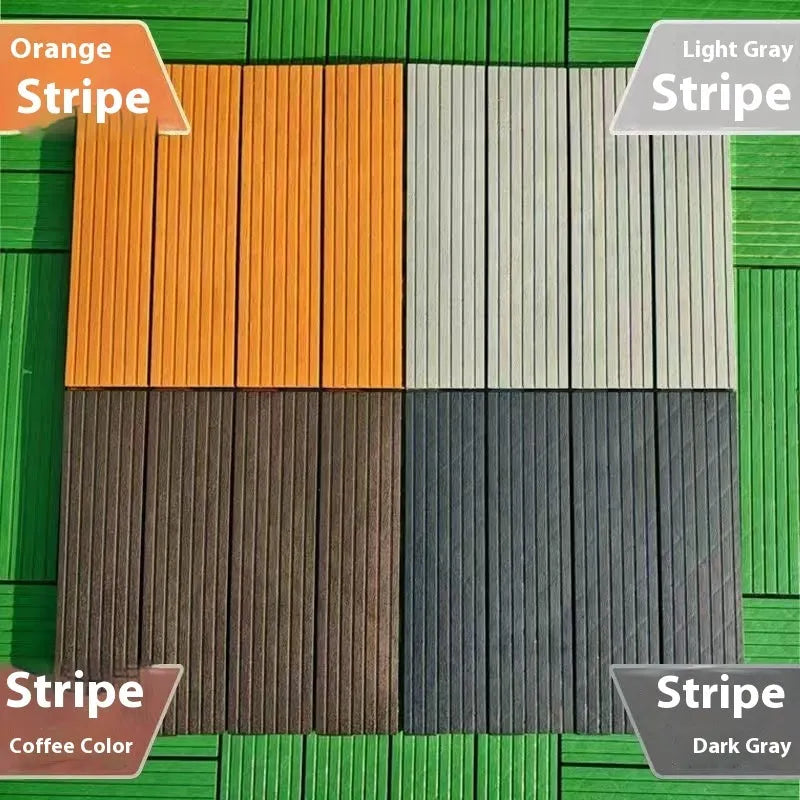 Wood grain plastic interlocking floor tile showing non-slip surface texture