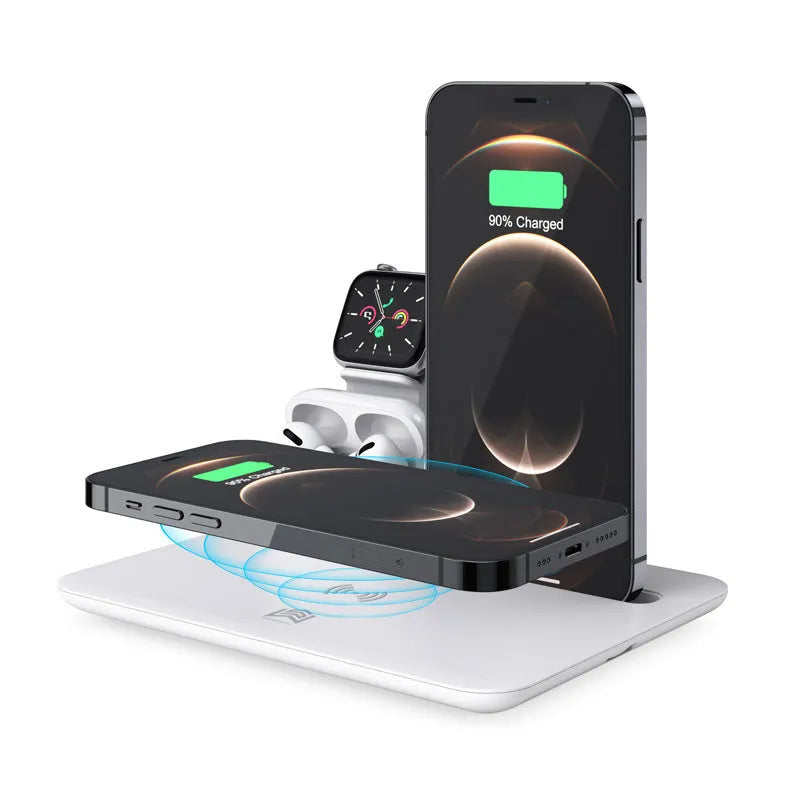 Black desktop wireless charging dock holding a phone, with ports for watch and headphone cables.