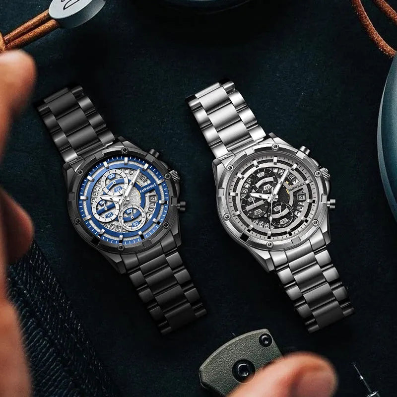 Men's waterproof luminous quartz watch with steel strap in black and blue colour variant