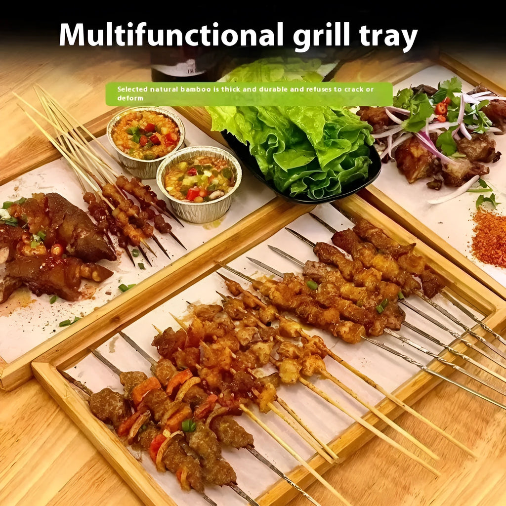 Square bamboo serving tray with brown handle for barbecue restaurants