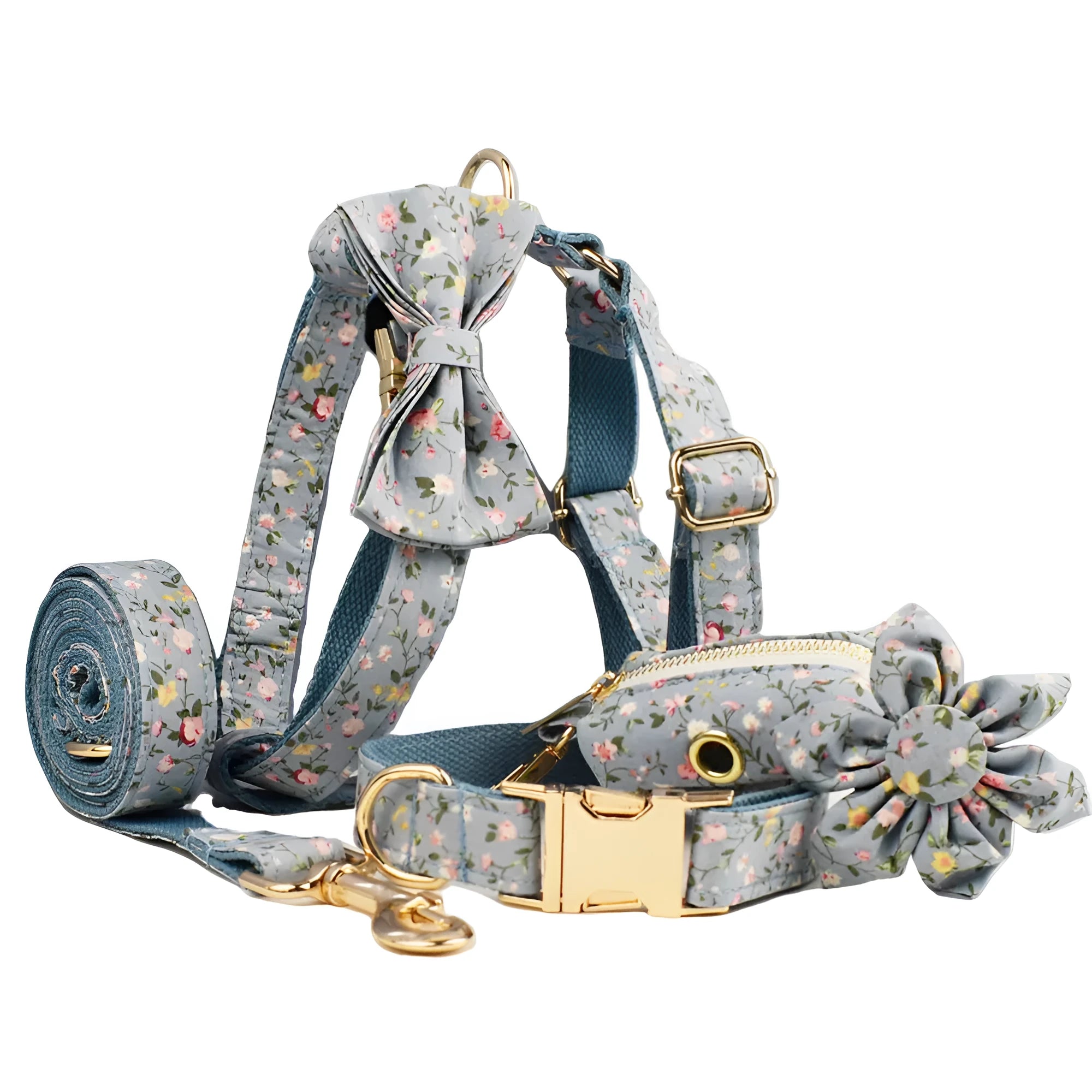Blue floral pattern dog collar set with matching leash, bow, vest and waste bag dispenser accessories