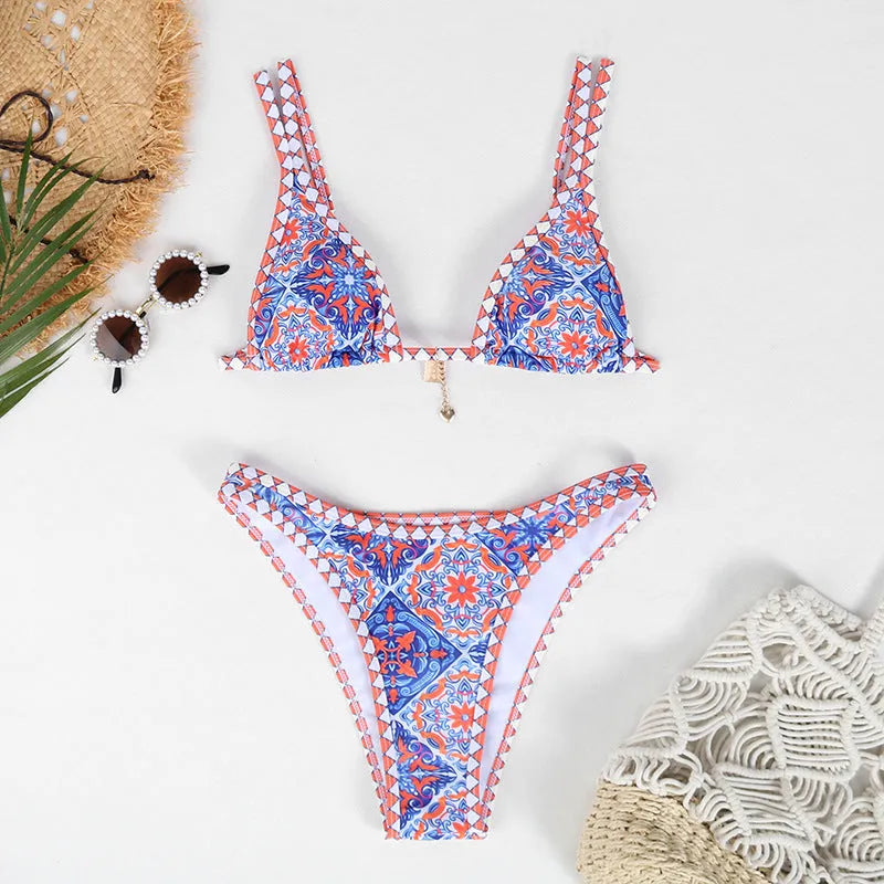 Retro four-colour printed women's bikini swimwear in briefs style.