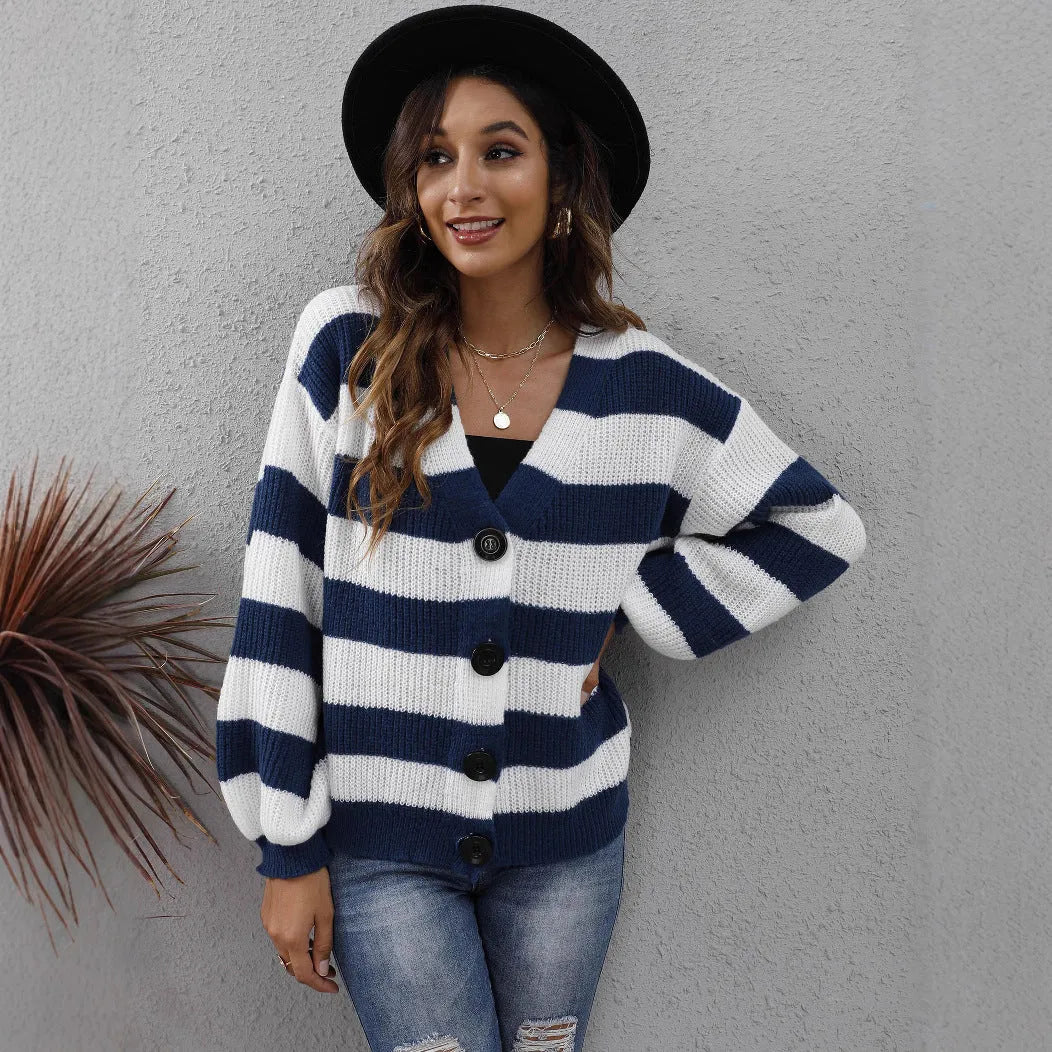 Women's striped cardigan sweater with button front in deer plush polyester fabric