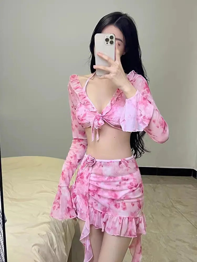 Women's cherry blossom pink floral swimsuit with high-leg design and Asian fit sizing