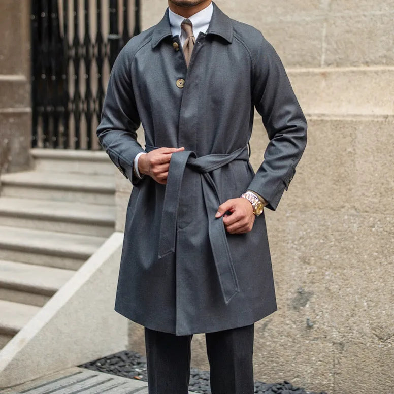 Wool winter trench coat single-breasted in dark blue with 30% wool polyester blend, leisure style