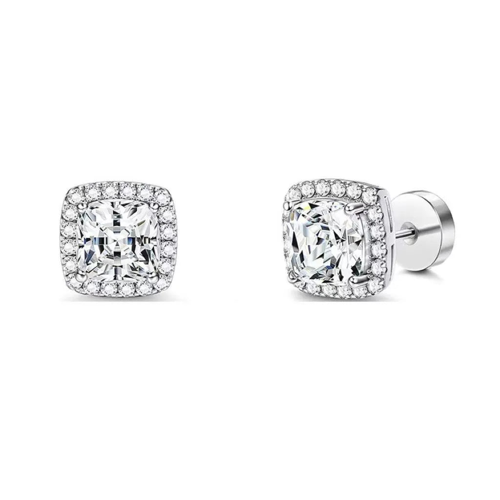 Women's diamond square bag earrings in stainless steel, 8mm geometric shape, electroplated finish, steel colour