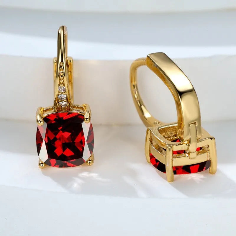Square zircon inlaid geometric ear hook earrings in a gold electroplated finish