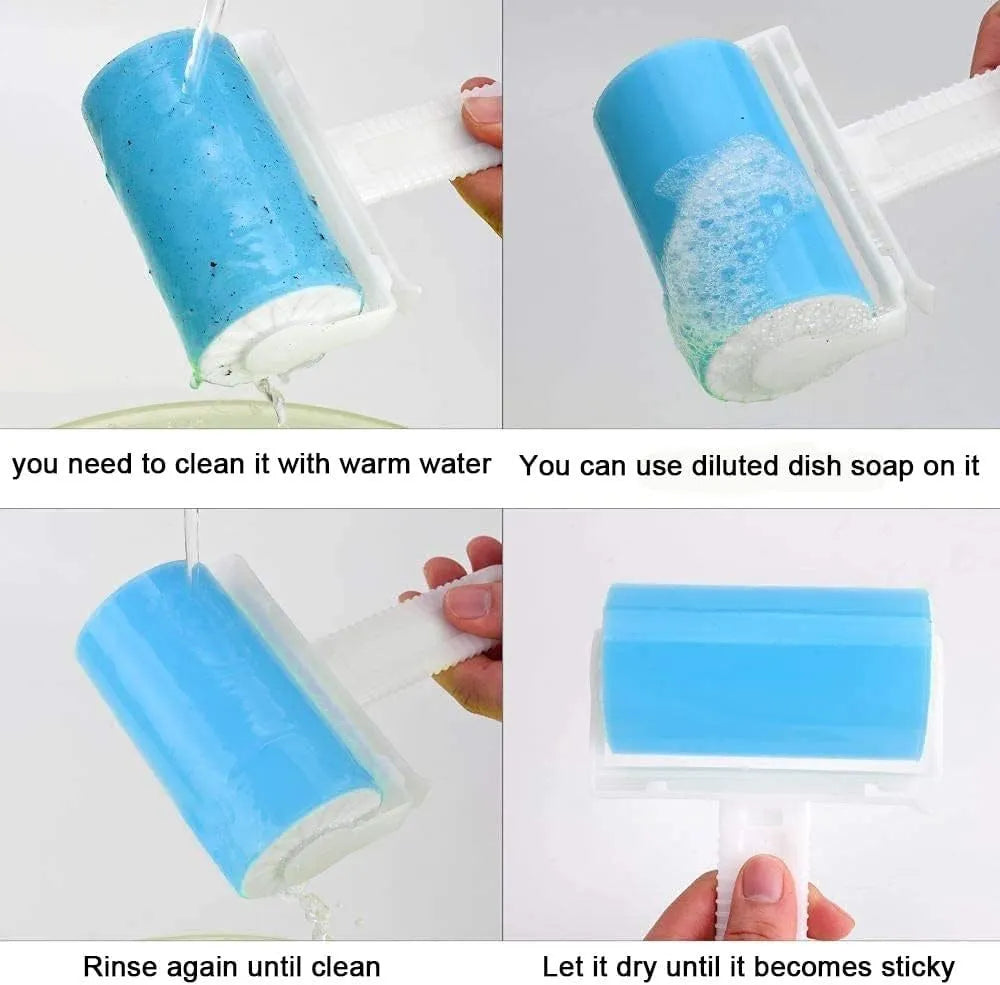 Washable reusable lint roller for pet hair removal in blue, green, pink, or yellow with cover.