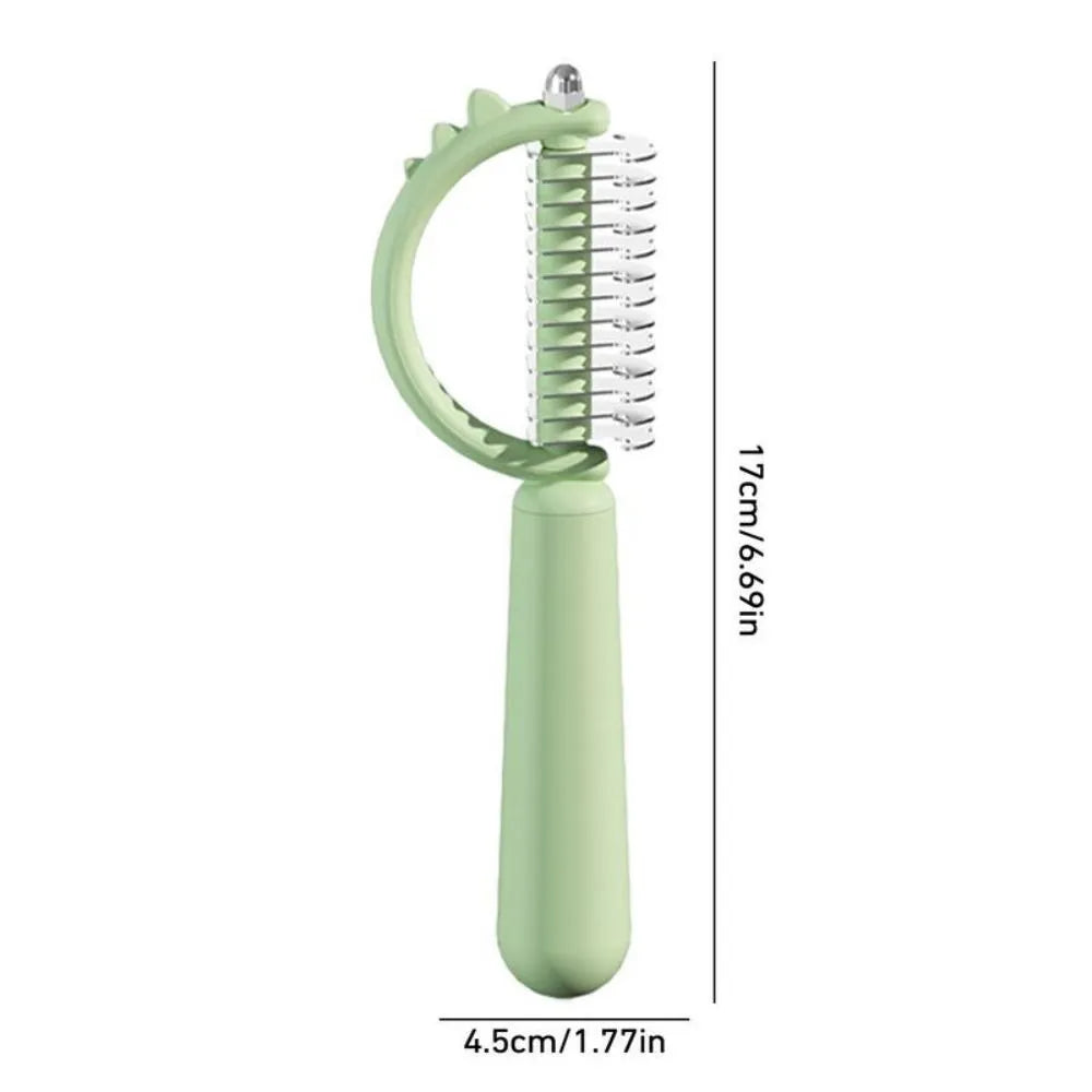 Blue dinosaur-shaped self-cleaning cat brush with double-sided stainless steel bristles