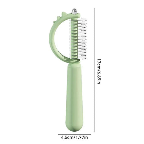 Blue dinosaur-shaped self-cleaning cat brush with double-sided stainless steel bristles