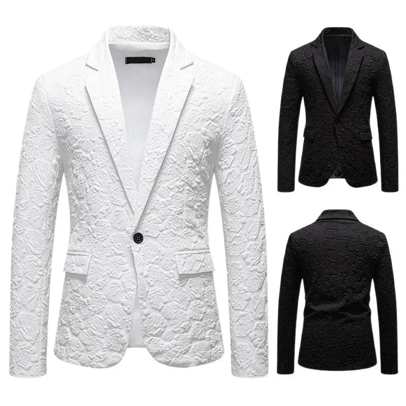 Slim-fit groom suit top in black with bag cover seam pocket, polyester blend, front view on mannequin