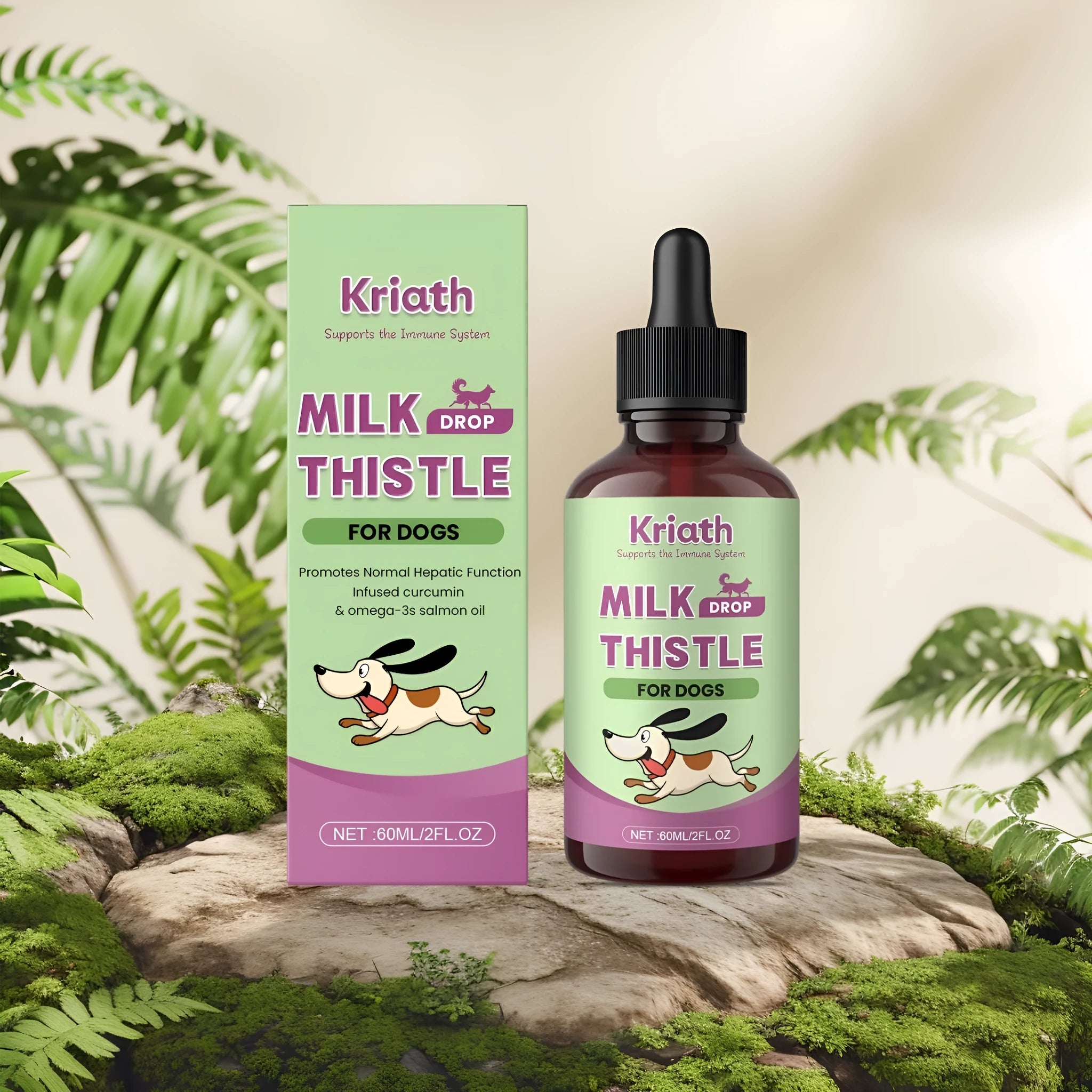60ml bottle of dog milk thistle extract nutrient solution with turmeric and Omega-3 for liver and digestive support