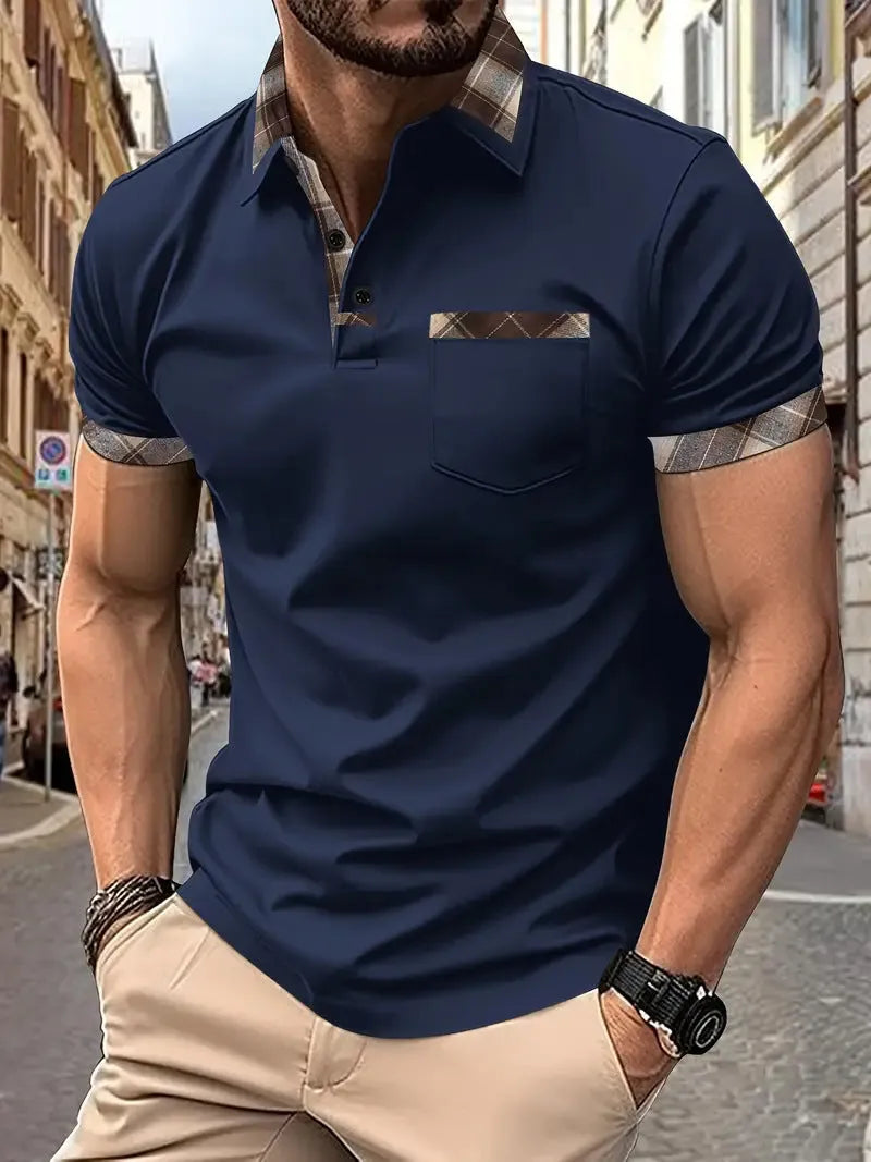 Men's loose fit plaid colourblock short sleeve T-shirt on a white background