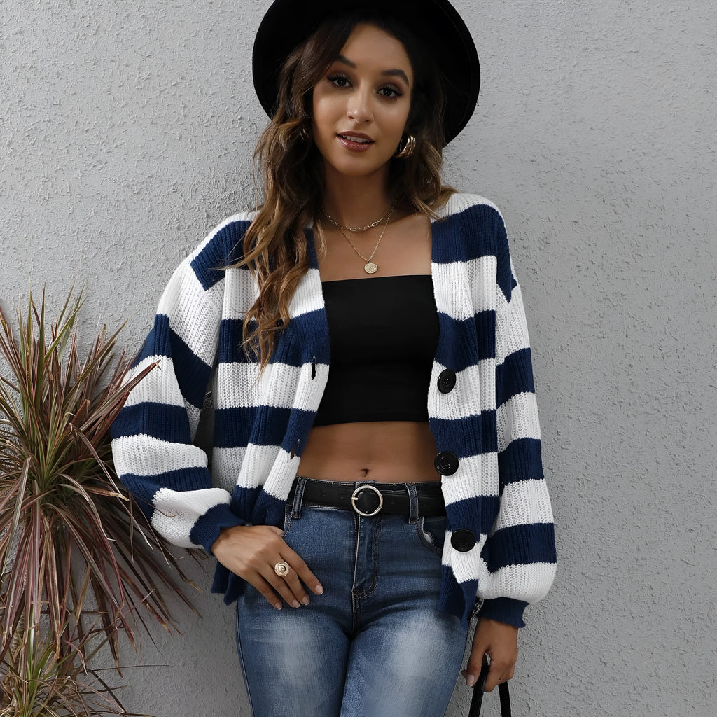 Women's striped cardigan sweater with button front in deer plush polyester fabric