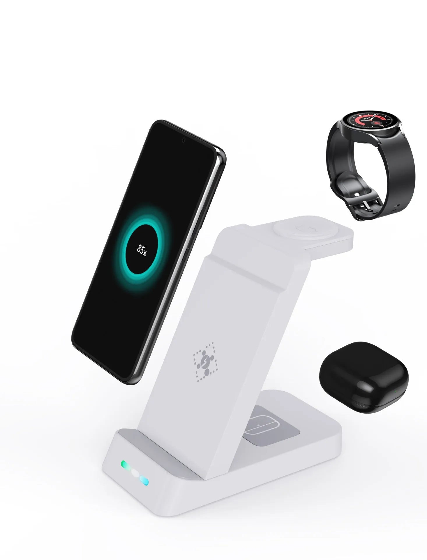 Black 3-in-1 wireless charging station with phone on stand, smartwatch docked, and earbuds charging.