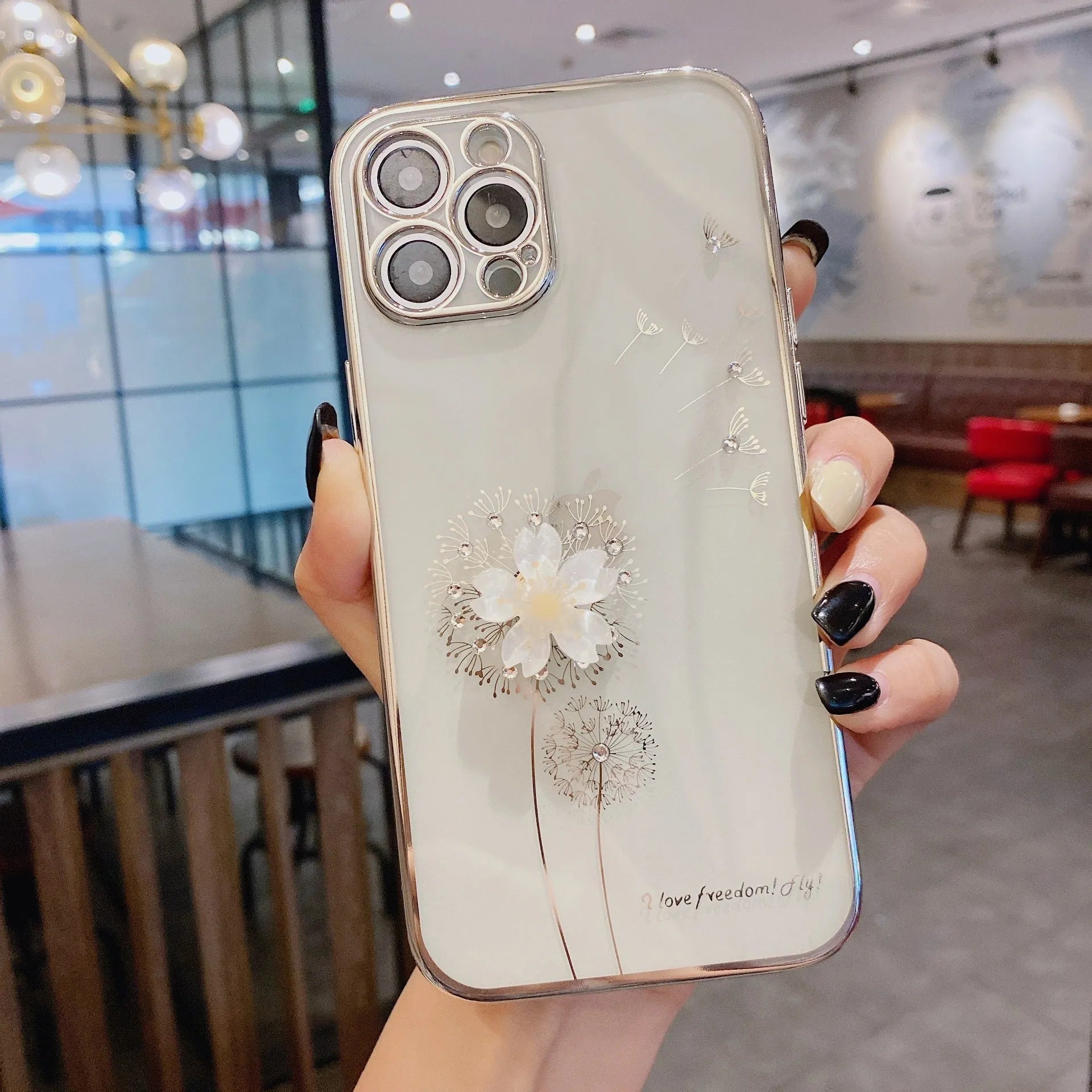 Green 3D floral design iPhone case with a spin stand unfolded on a white background.