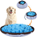 Blue and green adjustable fleece snuffle mats for dogs, shown with kibble scattered in the folds.