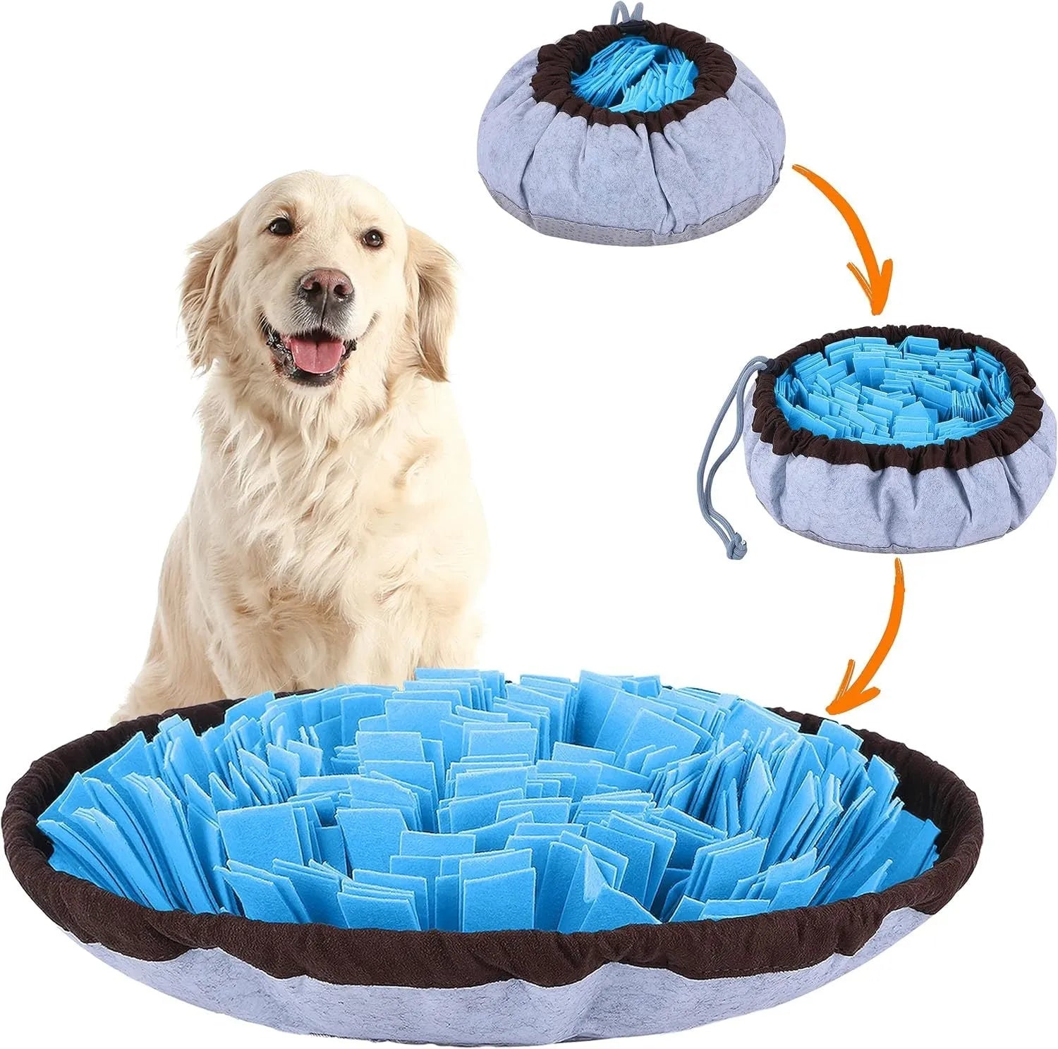 Blue and green adjustable fleece snuffle mats for dogs, shown with kibble scattered in the folds.