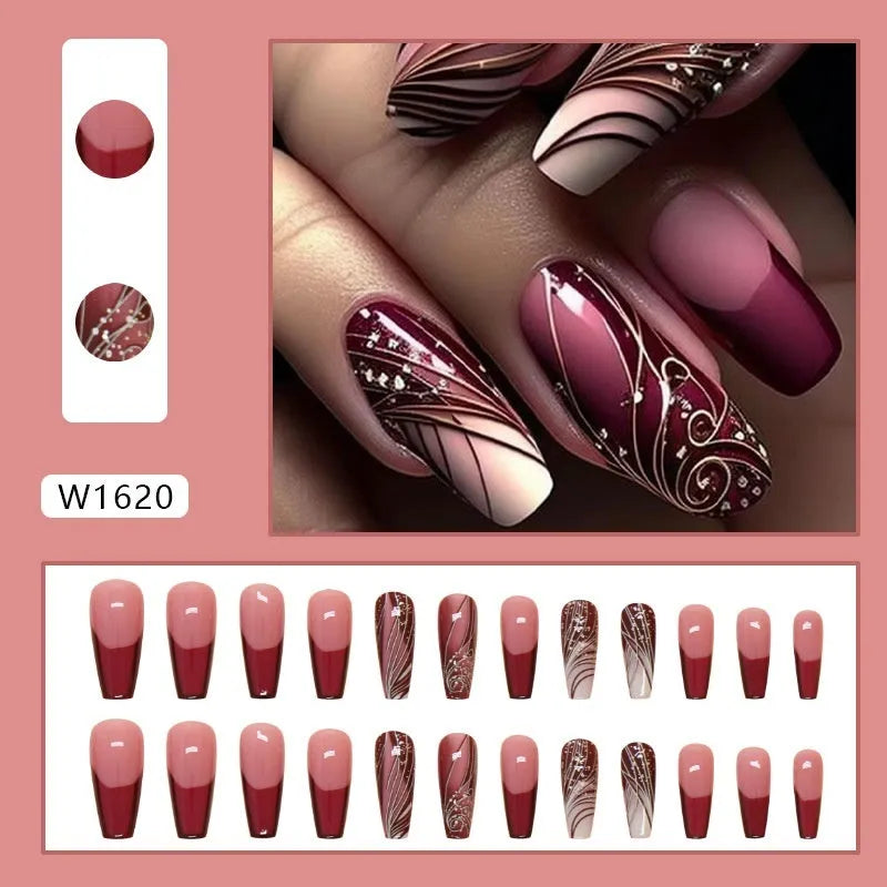 Set of 24 French line pattern artificial nail stickers with glue tube.