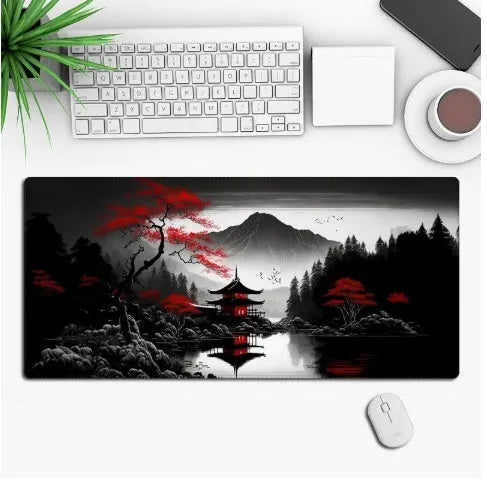 Custom anime graphic gaming mouse pad with non-slip rubber base on a desk.