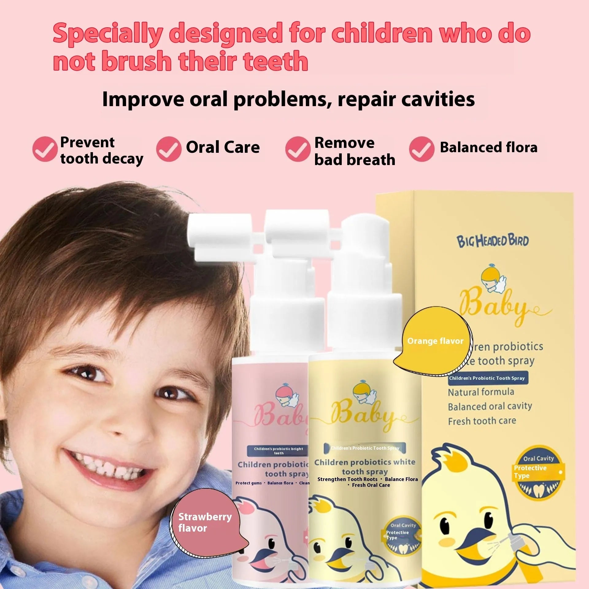 Children's probiotics anticavity teeth cleaning spray in strawberry and orange flavours