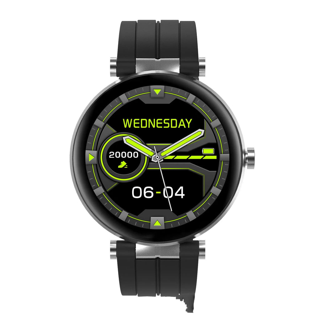 Smart watch with blood pressure monitor on wrist showing heart rate display