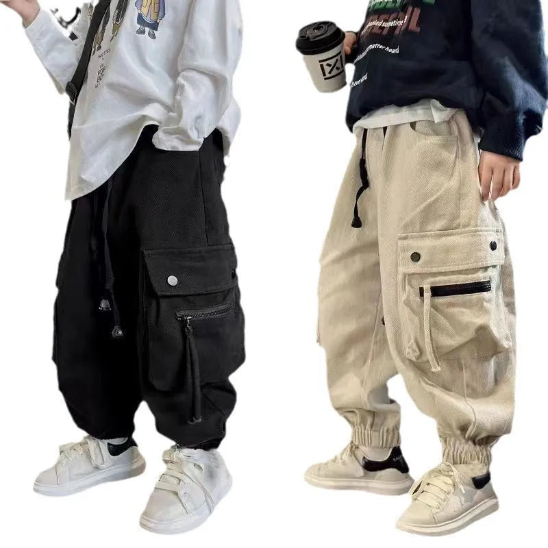 Children cotton workwear trousers mid waist beige and black spring autumn