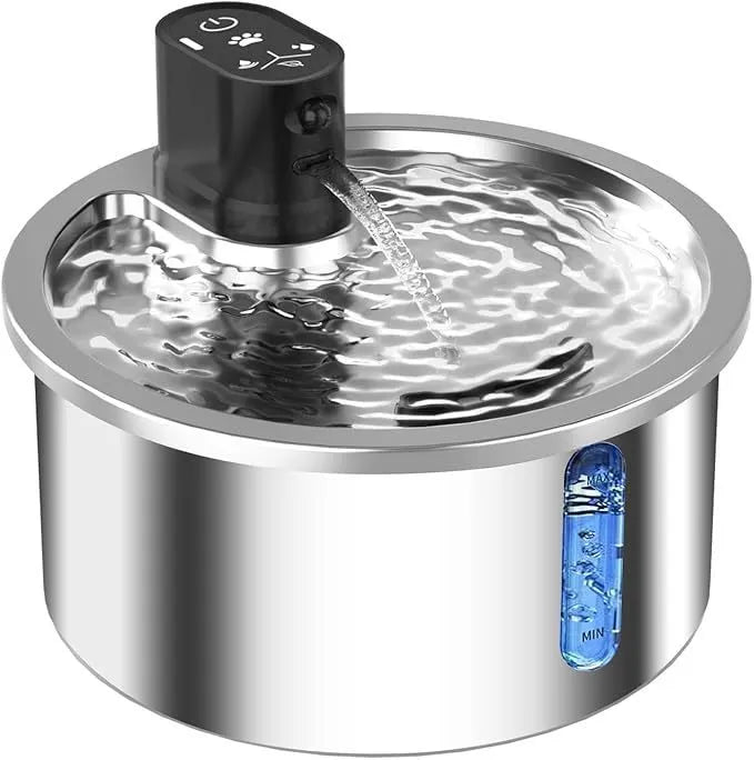 White stainless steel pet water fountain with temperature control base for cats and dogs