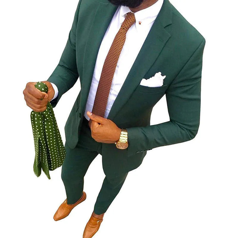 Men's multicolour cotton banquet suit jacket and trousers on a hanger, showing various available colours.