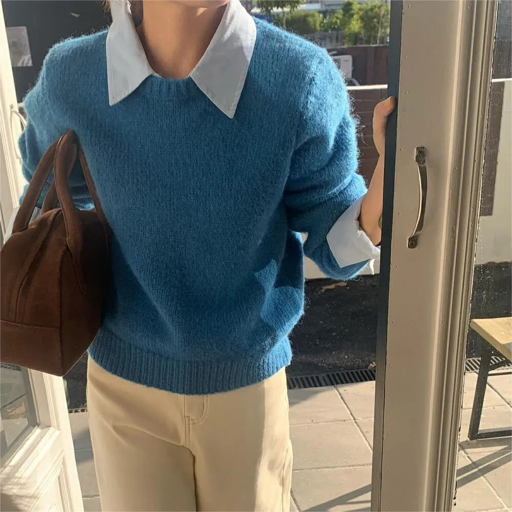 Idle Style contrast color lapels knitwear top for women, free size long sleeve polyester top in navy blue
