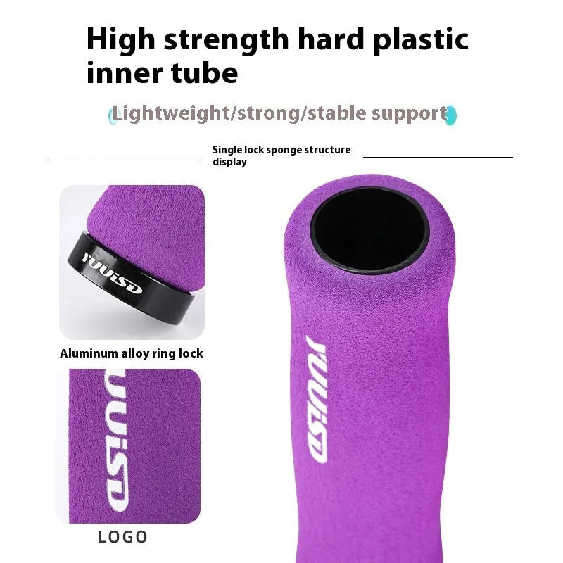 Mountain bike sponge handlebar grip covers in black, purple and biange colours showing soft material and lock-on design