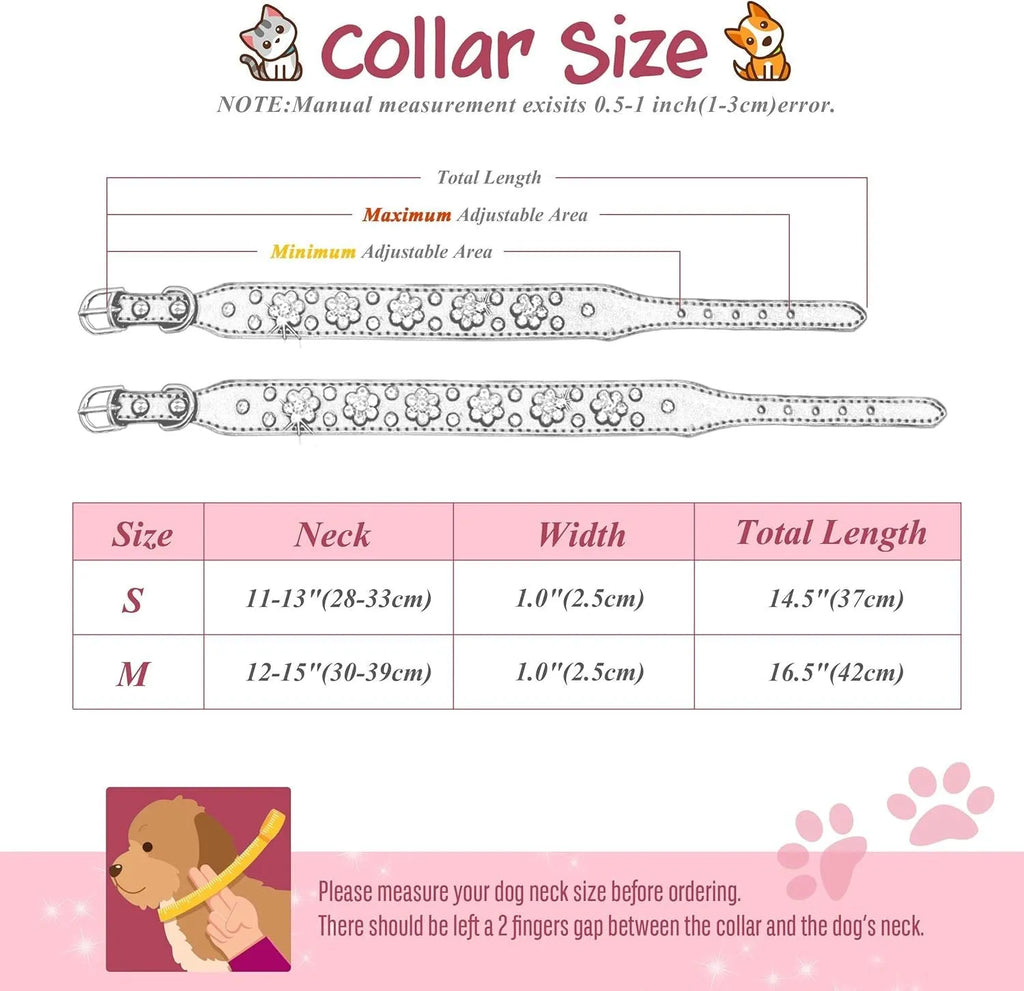 PU leather dog collar with rhinestone flower studs in black, showing metal D-ring and adjustable eyelets.