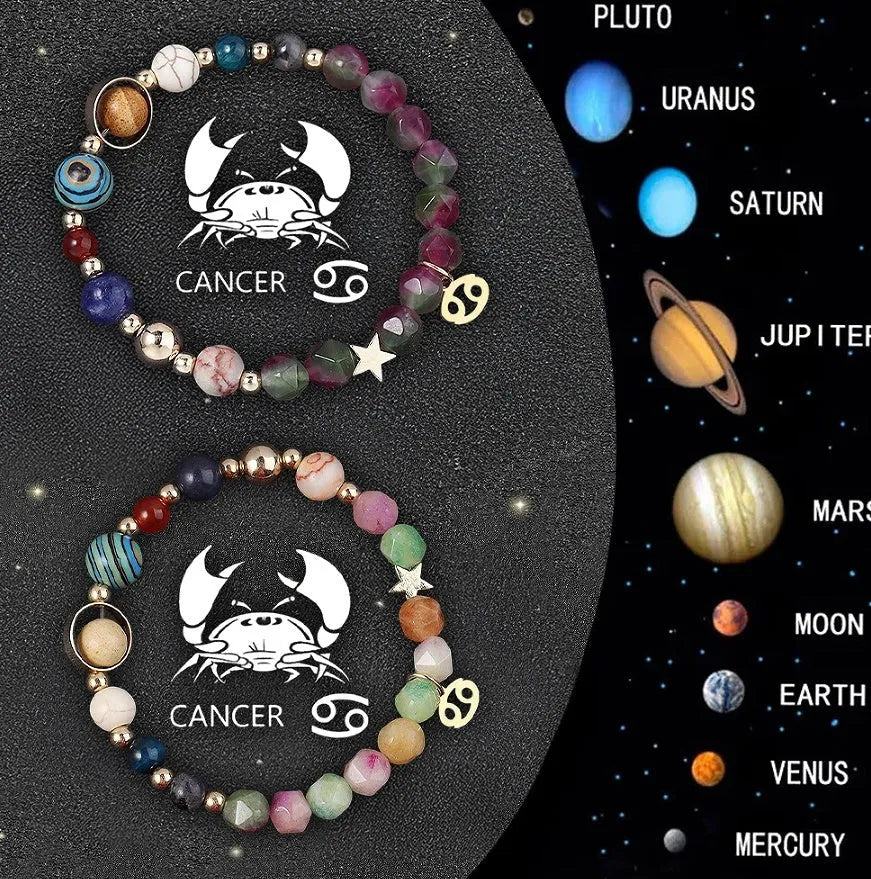 Set of two adjustable natural stone beaded bracelets showing different zodiac sign designs.