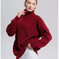 Women's high neck loose fit pullover sweater in thick imitation cashmere fabric, solid colour option shown.