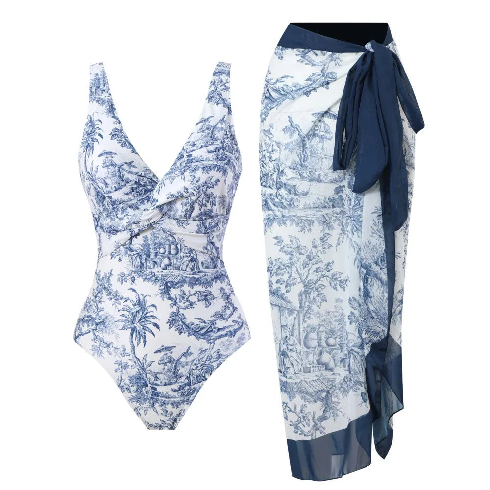 Women's vintage print one-piece swimsuit with short sleeves in a yellow floral pattern.