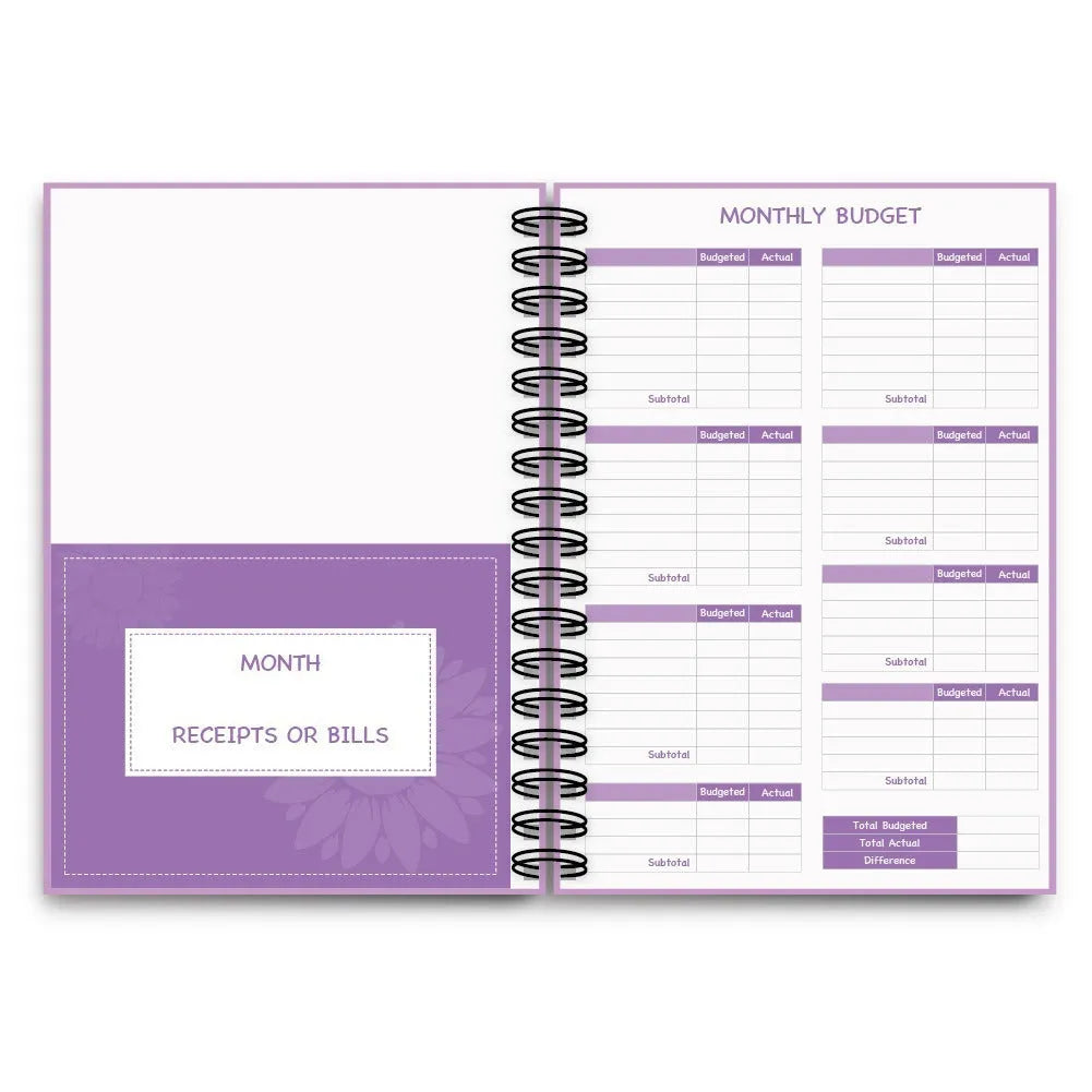 A5 purple budget notebook with coil binding, stickers, pen, and paper clips for financial planning