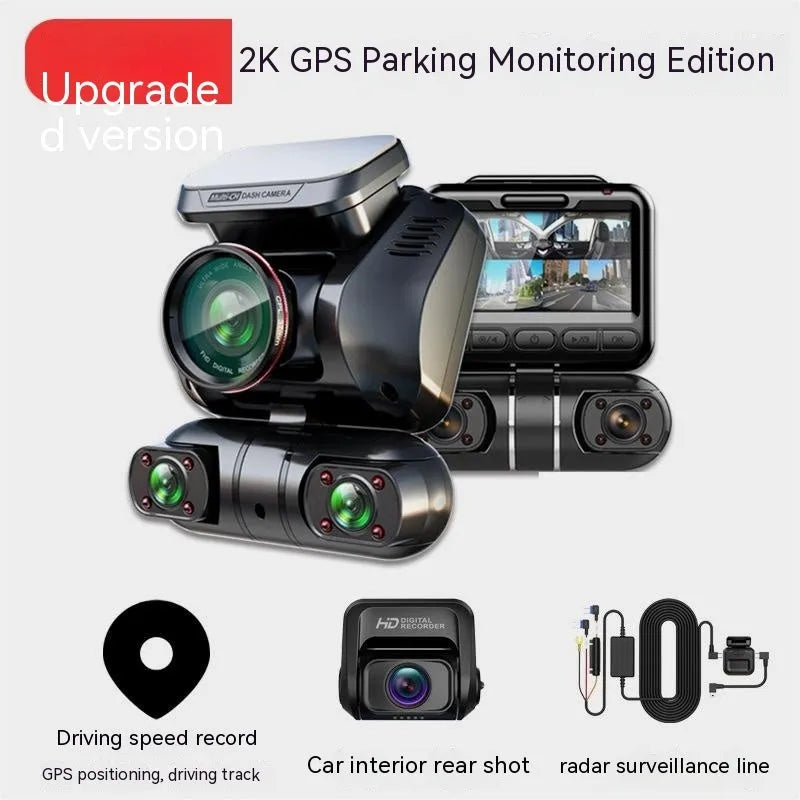 Black panoramic driving recorder dash cam with multiple lenses on a compact 2-inch screen unit.
