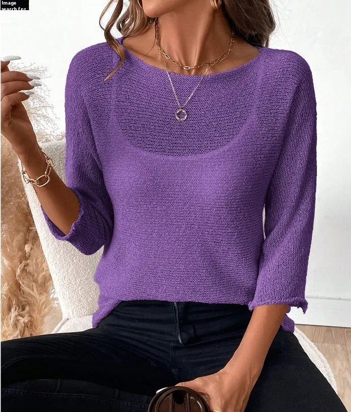 Women's knitted off-shoulder overall jumper in lavender purple with a 3D pattern and 3/4 sleeves.