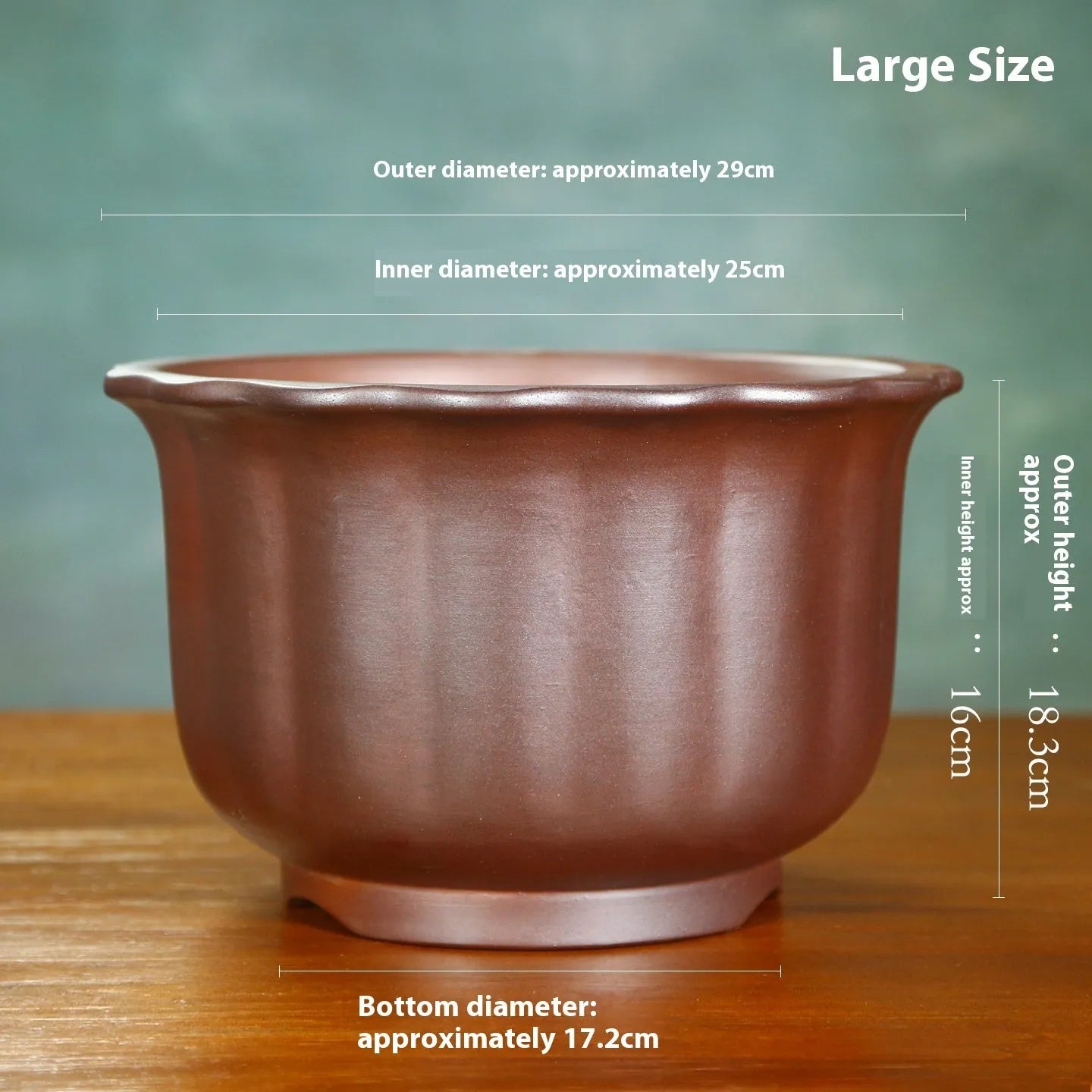 Purple sand ceramic flower pot with antique carved detailing and wood burning finish