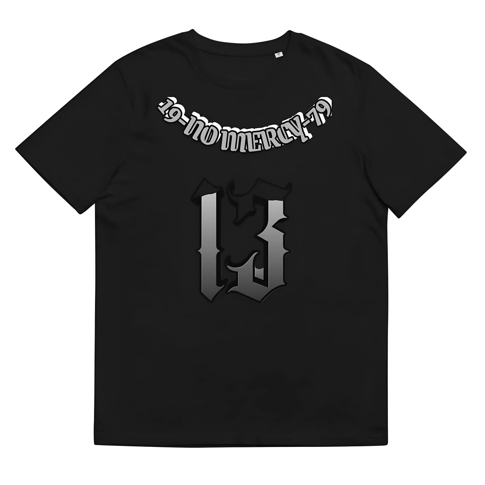 Man wearing a black men's T-shirt with a 3D digital printed design on the front.