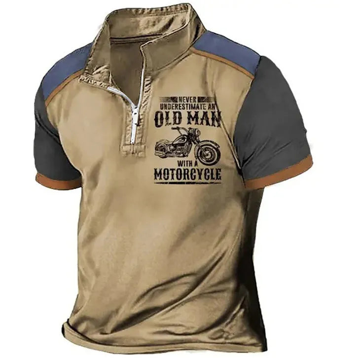 Men's casual polo shirt with digital letter pattern and zipper decoration on the lapel.